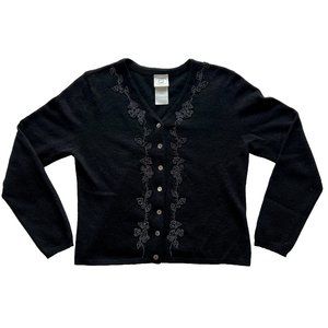 Vintage Laura Ashley Black Wool V-Neck Cardigan with Beading size 10